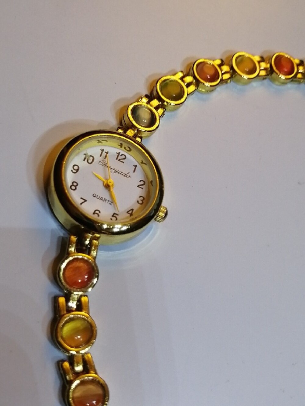 Gold Tone Bracelet Unisex Watch with Multicolor Cabochons Fits Larger Wrist 8